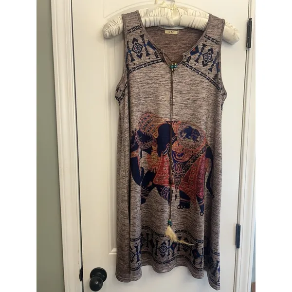 GM Women’s L/XL Boho Elephant Print Sleeveless Tunic Dress Feather Tie Brown Top - Image 12