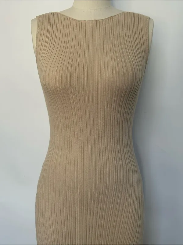 White Fox Boutique Sleeveless Ribbed Maxi Dress in Tan - Image 2