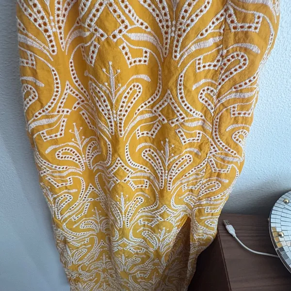 ELA‎ Mustard Yellow Eyelet Embroidered Maxi Dress Ruffle Strap Cutout Size 6 - Image 3