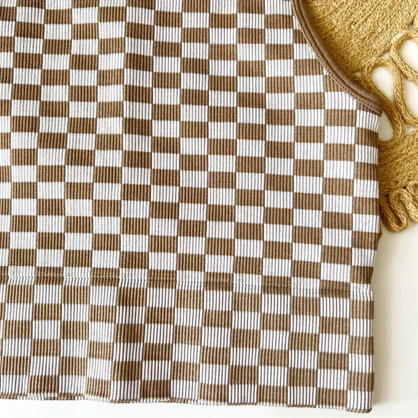 Aura Tan & White Checkered Crop Tank Top - Image 3