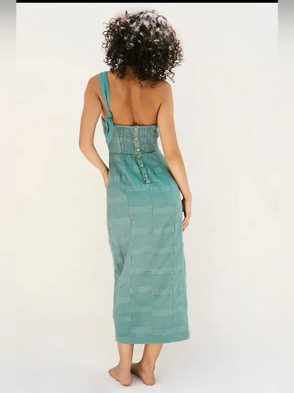Free People One-Shoulder Teal Wrap Midi Dress - Image 3