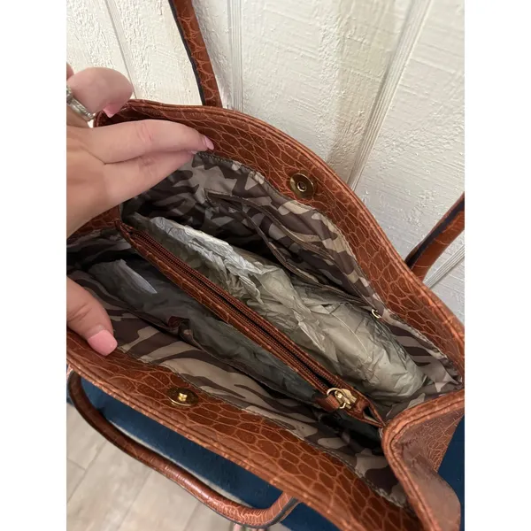 Anne Klein Cognac Brown Croc Embossed Faux Leather Satchel Handbag Gold Hardware - Image 3