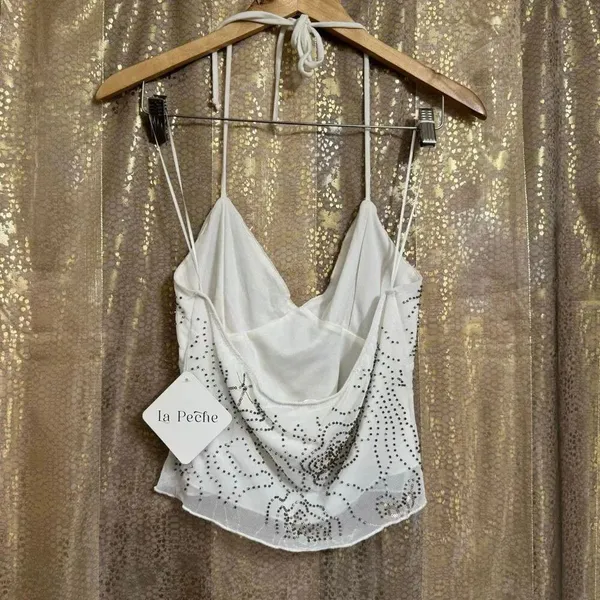 La Peche White Beaded Sequin Festival Party Cami Tank Top Large NWT - Image 2