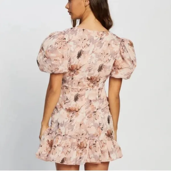 MISSGUIDED Mini Dress Size 0 Pink NWT Floral Coquette Flirty Puff Sleeve Frill - Image 3