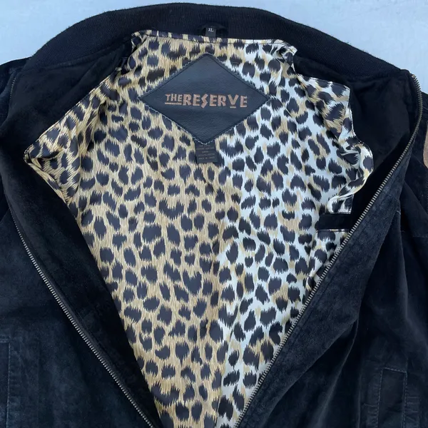 Vintage The Reserve Black Leather Leopard Bomber Jacket Size XL - Image 3