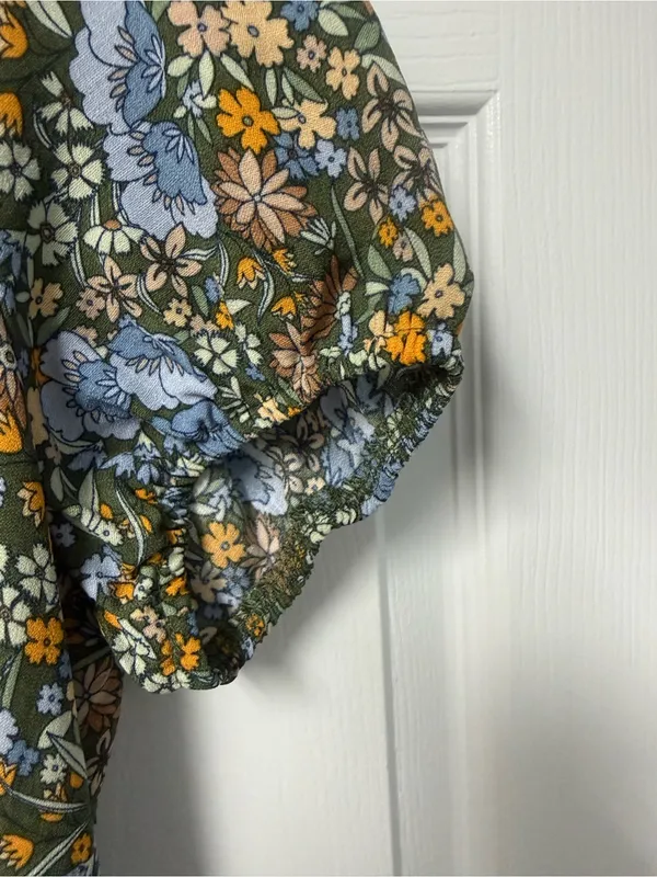 BeBop Olive Floral Short Sleeve Dress with Blue & Yellow Blooms - Image 3