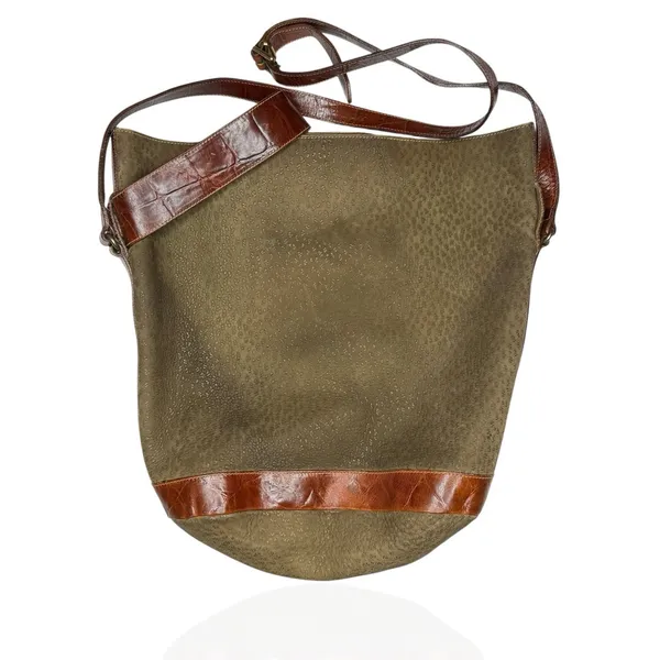 Furla Soft Italian Suede Large‎ Hobo Bag Brown Croc Embossed Leather Trim Buckle - Image 2