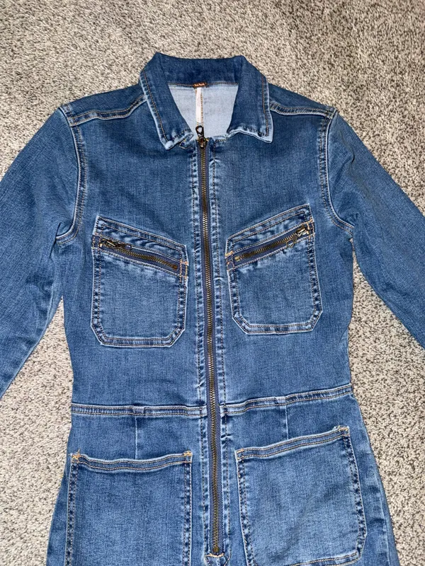 Free People Denim Jumpsuit Size XS Blue Zip Front Long Sleeve - Image 2