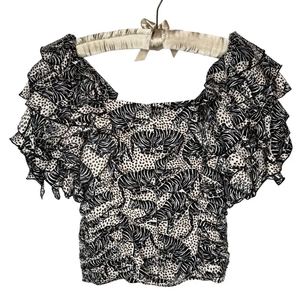 ZARA Blouse Small Tiger Animal‎ Print Ruffle Square Neck Ruched Statement RARE - Image 5