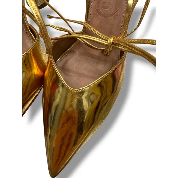 Vicenza Gold Metallic Sculptural Heel Pumps 39‎ Lace Up Pointed Toe Statement - Image 13