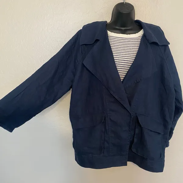 100% Linen Blazer Jacket Womens Sz Large XL Navy Blue Coastal Lagenlook Chic - Image 4