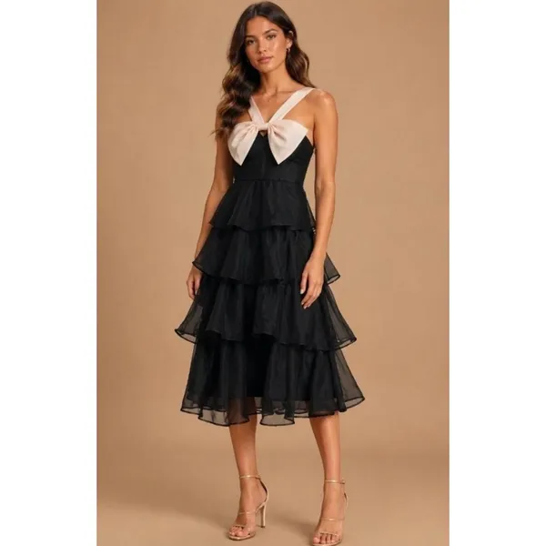 NEW Lulus Black Glamour Organza Tiered Cream Oversized Bow Midi Cocktail Dress - Image 3