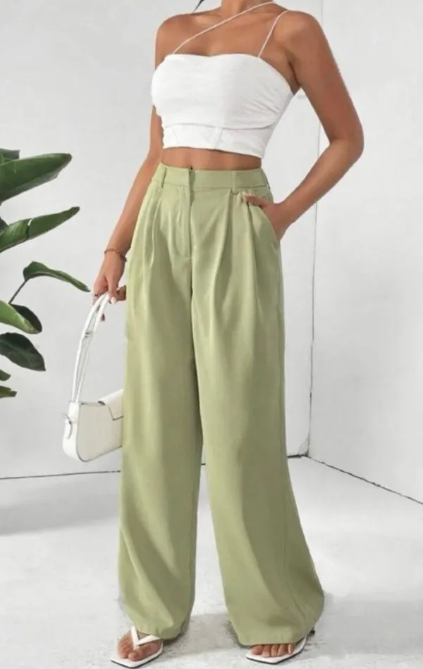 Zara high-rise wide leg pleated green trouser pants with pockets women Size XL - Image 16