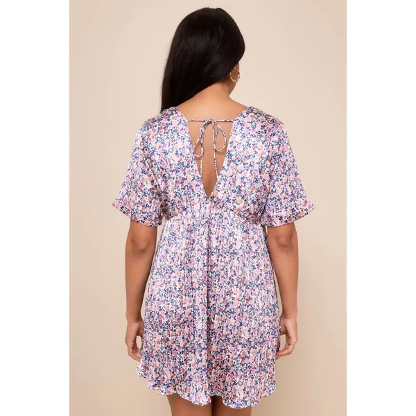 NWT Lulus Express Yourself Blush Pink Floral Print Satin Babydoll Dress Party L - Image 3