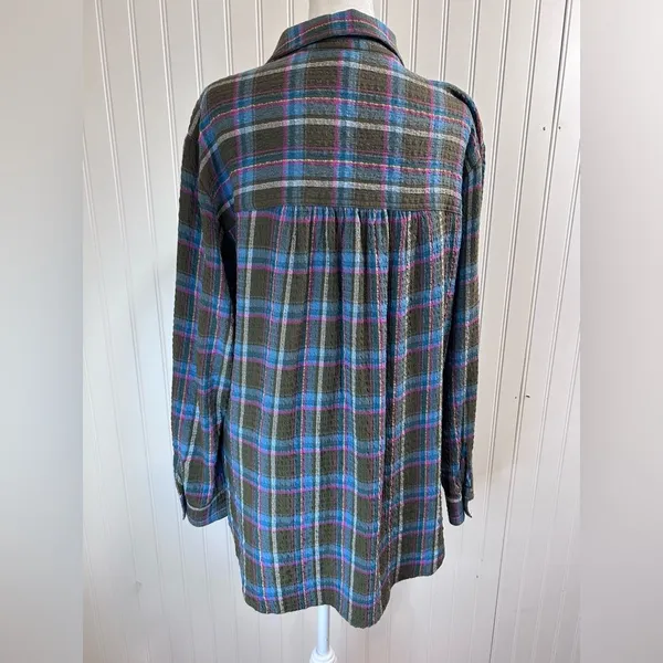 Antropologie Pilcro Women Olive Plaid Shirt with Blue Stripes Size S. - Image 2