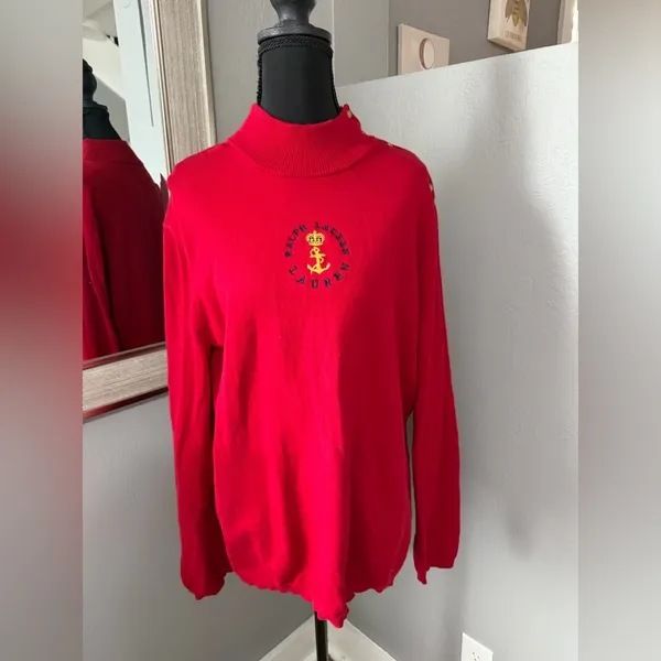 Lauren Ralph Lauren red nautical crest mock neck sweater gold button detail XL. - Image 2