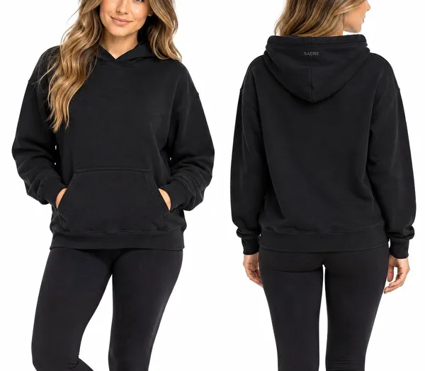 SACRÉ Black Pullover Hoodie S/M Fleece Kangaroo Pocket Minimalist Sweatshirt - Image 2