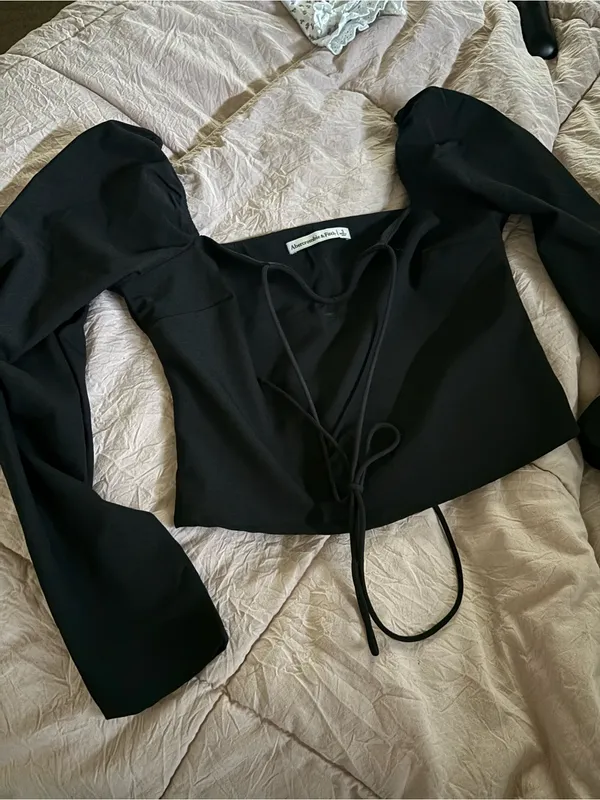 Abercrombie & Fitch Black Puff Sleeve Tie Front Top | Romantic Going Out Blouse - Image 5