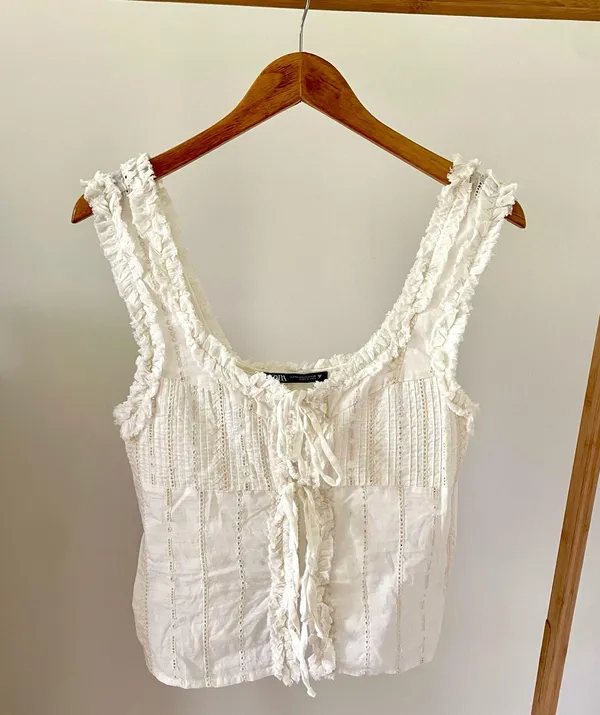 Zara Ruffle Eyelet Lace Tie Front Tank Top in White - XS - Image 4