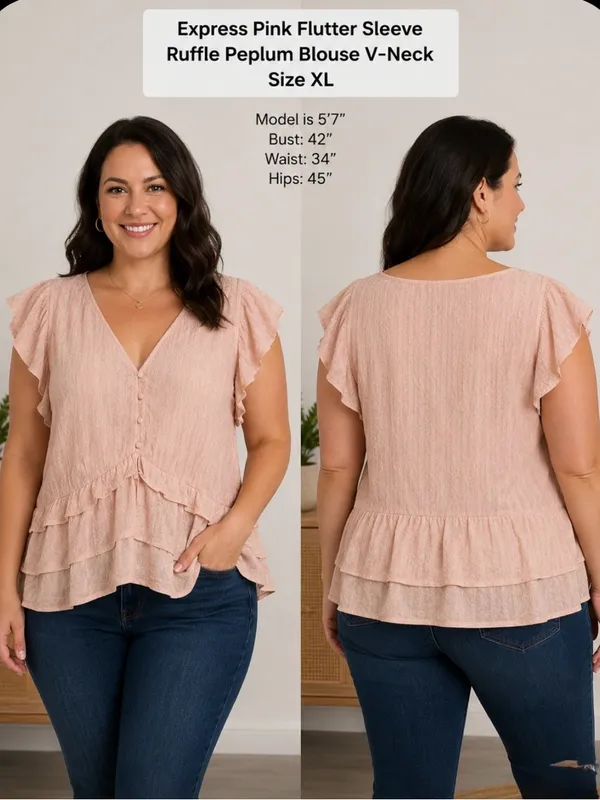 Express Pink Flutter Sleeve Ruffle Peplum Blouse V-Neck Boho Top Size xl - Image 2