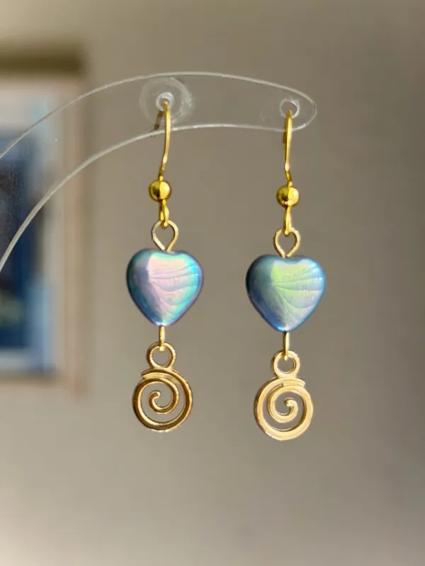 Handmade boho dainty whimsy quality Czech glass beads & swirl dangle earrings💜🩵💙 - Image 3