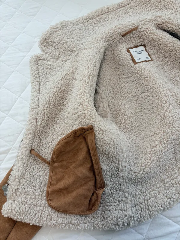 Abercrombie & Fitch XS Faux Shearling Aviator Moto Jacket Brown Teddy Y2K Cozy - Image 7