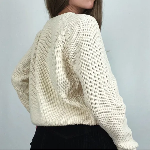 Vintage Raglan Crewneck Pullover Knit Sweater in Cream | Size M - Image 4