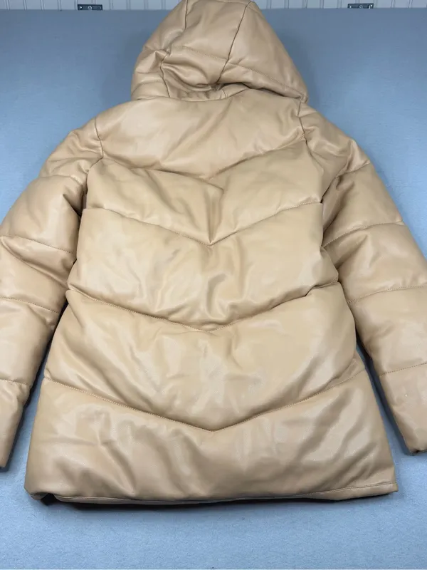 Abercrombie & Fitch Ultra Vegan Leather Puffer Jacket Camel Tan Small Hooded - Image 5