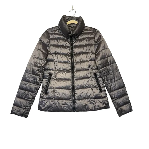 ANA‎ Packable Puffer Jacket Gray Metallic Quilted Zip Coat Womens M - Image 2
