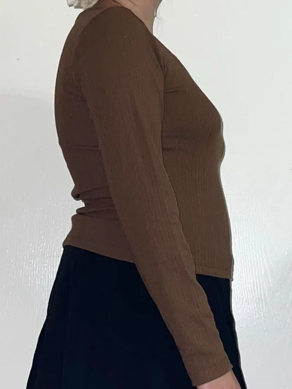 Brown Ribbed Long Sleeve Top Size M - Image 2