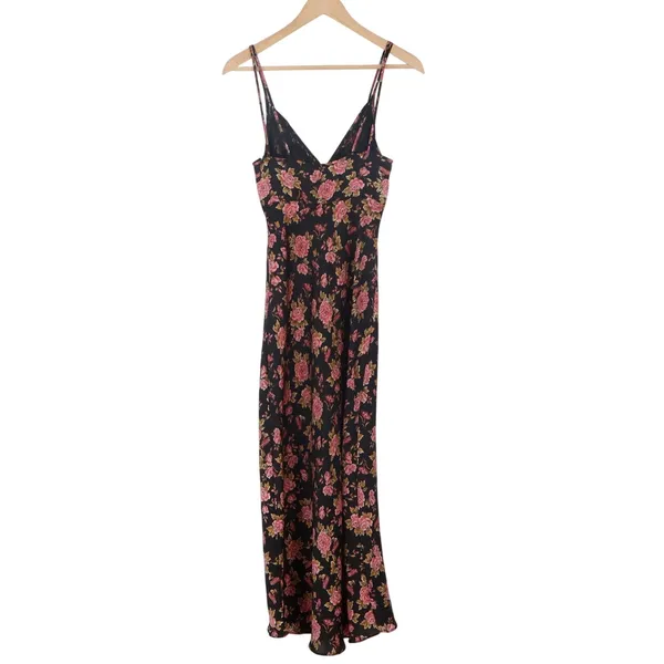 Zara Maxi Dress Womens S Floral Black Pink Spaghetti Strap V-Neck Excellent - Image 3