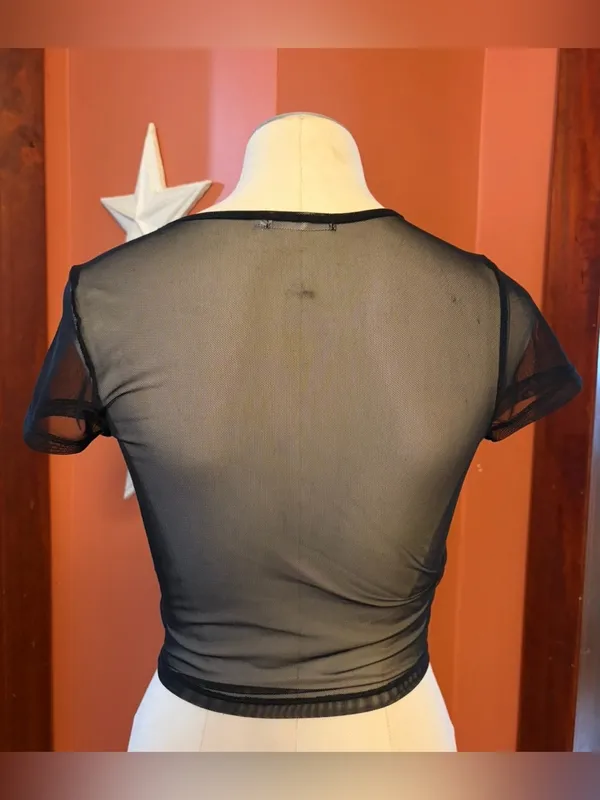 5/$25‼️Heart Hips Black Sheer Short-Sleeve Cropped Mesh Button Top - Image 4
