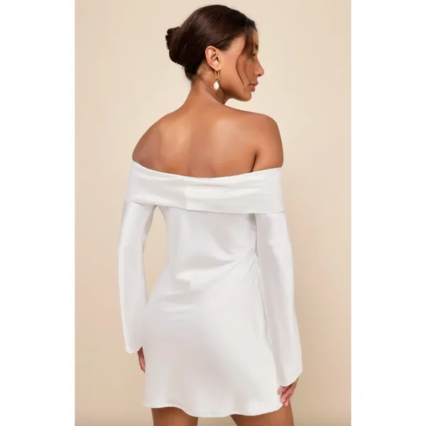 Lulus Luxurious Vision White Satin Off-the-Shoulder Mini Dress Party Medium NWT - Image 2