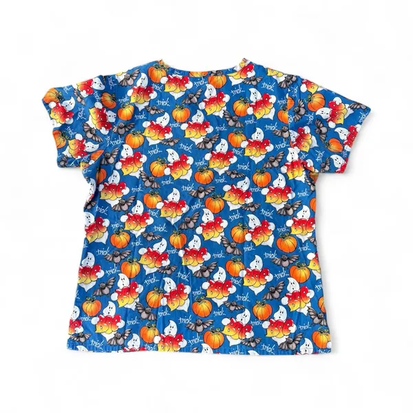 Scrub Wear Blue Pumpkin Ghost Trick or Treat Halloween Print Scrub Top Medium - Image 2