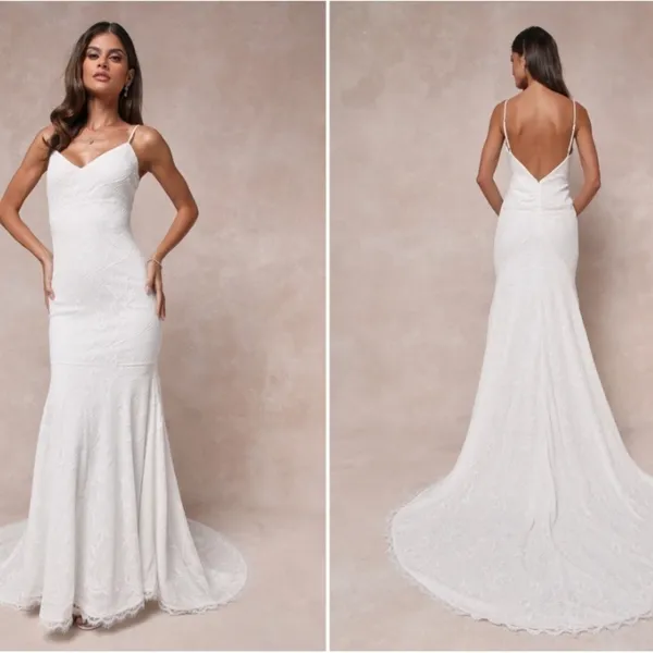 LULU's Bridal Wedding Floral Lace Chic Mermaid Trumpet Gown with Train NWOT - Image 2
