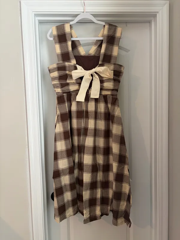 NWT TCEC Ruched Gingham Midi Dress Brown - Image 4