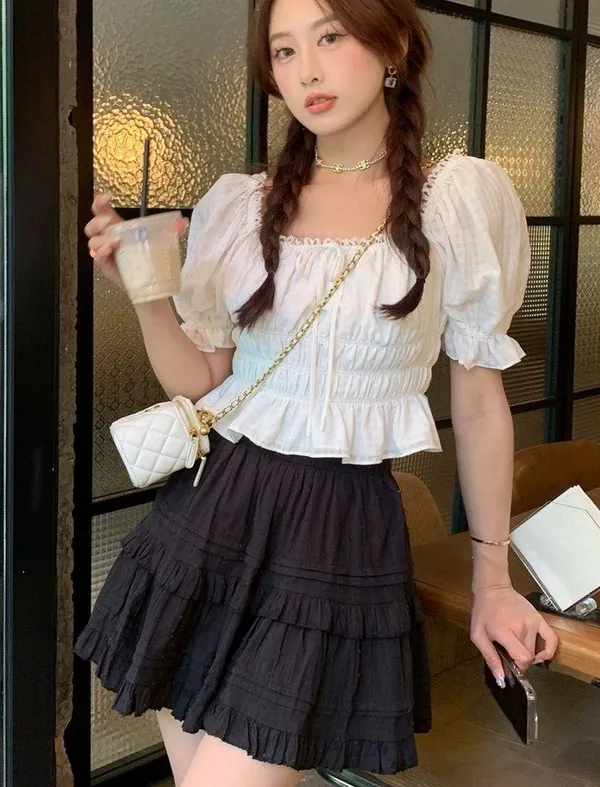 Japanese White Bohemian Cottage Puffy Sleeves Ruffle Lace Ribbon Crop Top Blouse - Image 5