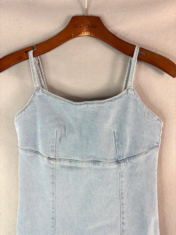 Lone Star S Pale Blue Cotton Stretch Denim Spaghetti Strap Sun Mini Dress - Image 2