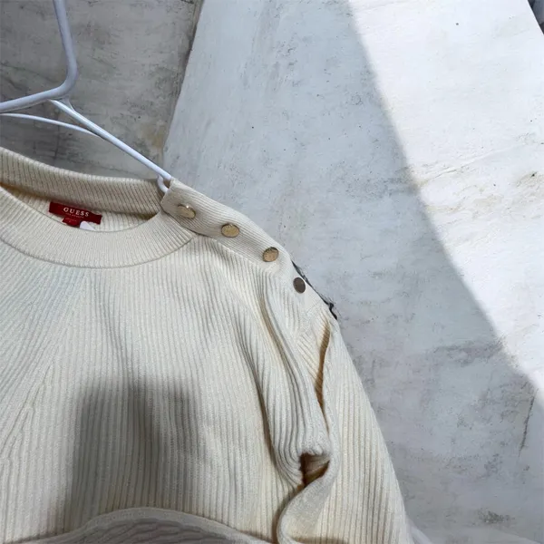 Women’s Cream Ribbed Knit Sweater Button Shoulder Detail Long Sleeve - Image 12