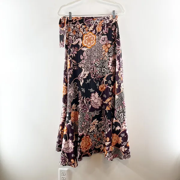 Maeve Anthropologie Wrap Side Tie Ruffle Hem Satin Floral Midi Skirt Purple XS - Image 4