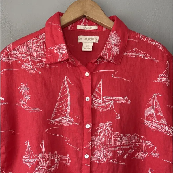 Cynthia Rowley Linen Top Size Small Red Button Up Shirt Sailboat Ibiza Style - Image 3