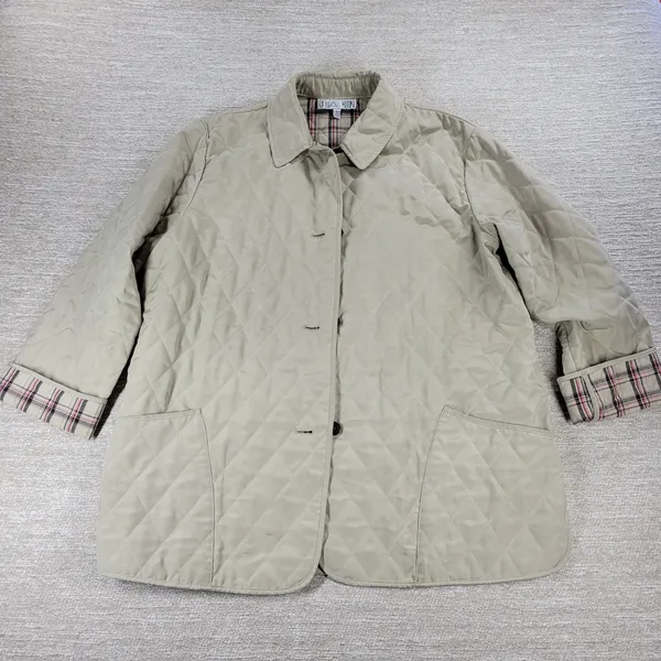 Julia Klein Quilted Jacket Large Beige Plaid Lined Preppy Equestrian Barn Coat - Image 3