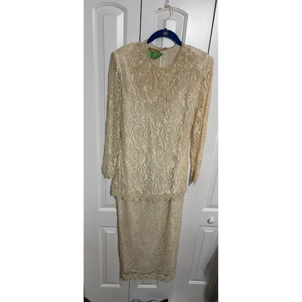 Vintage Maxi‎ Dress Lace Beaded Cream Elegant Evening Gown 80s 90s OS - Image 4
