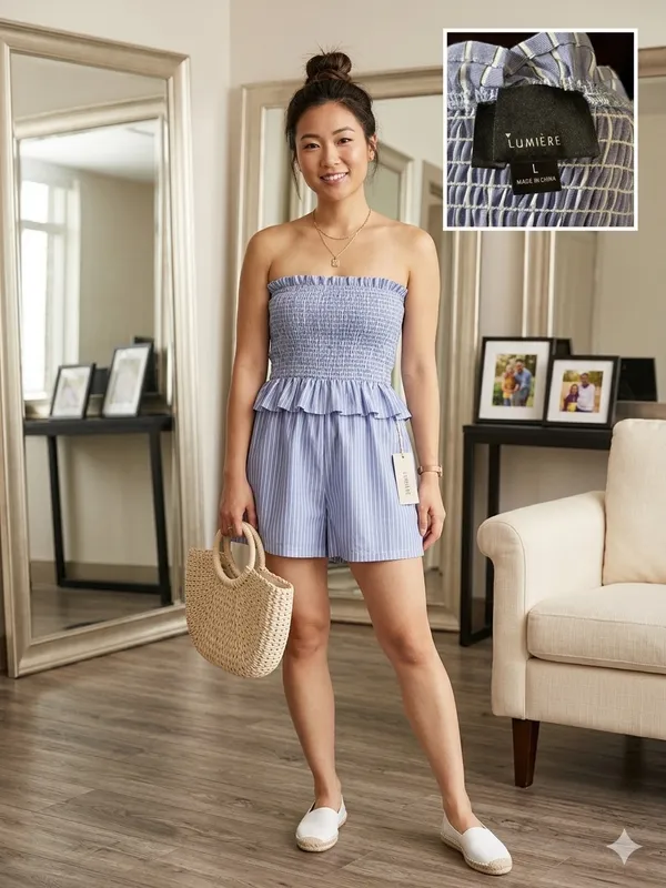 Lumiere Blue & White Striped Smocked Strapless Romper - Image 3