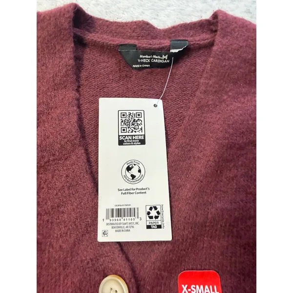 Members Mark Womens V-Neck Cardigan Sweater Crimson‎ Burgundy XS New - Image 3