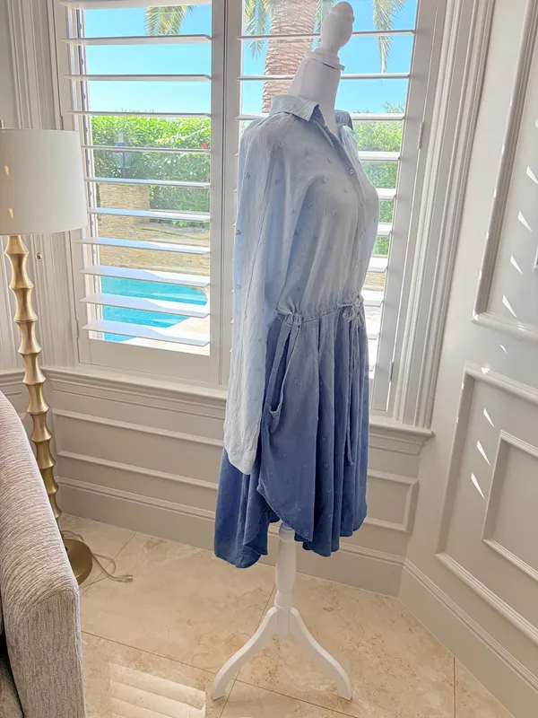 Free People Blue Ombre Button-Front Long Sleeve Dress 100% Cotton - Image 5