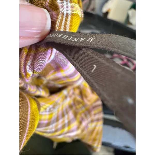 Anthropologie Yellow Pink Plaid Mini Dress Womens L Babydoll Boho Tie Back - Image 4