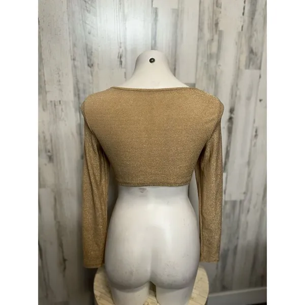 Gold Shimmer Two Piece Set Long Sleeve Crop Top & Mini Skirt Size Large - Image 6
