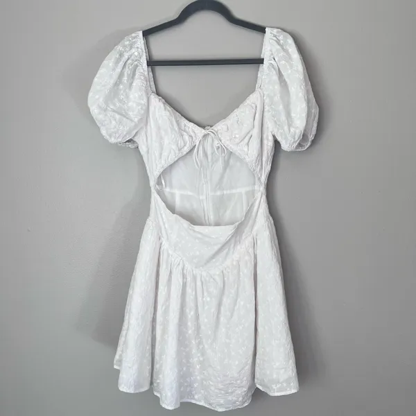 Sabo Skirt Alika Floral Embroidered Corset Cutout Waist Puff Sleeve Mini Dress White - Image 2