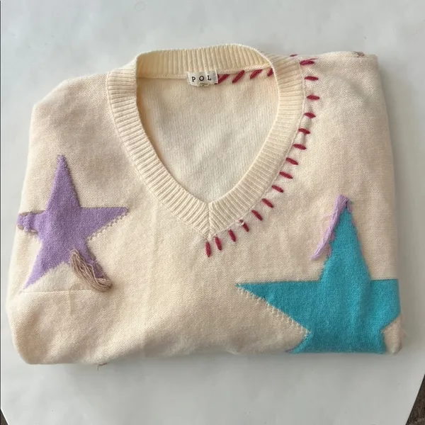 POL Patchwork Star Sweater - Beige V Neck Thick Knit Size Medium - Image 11